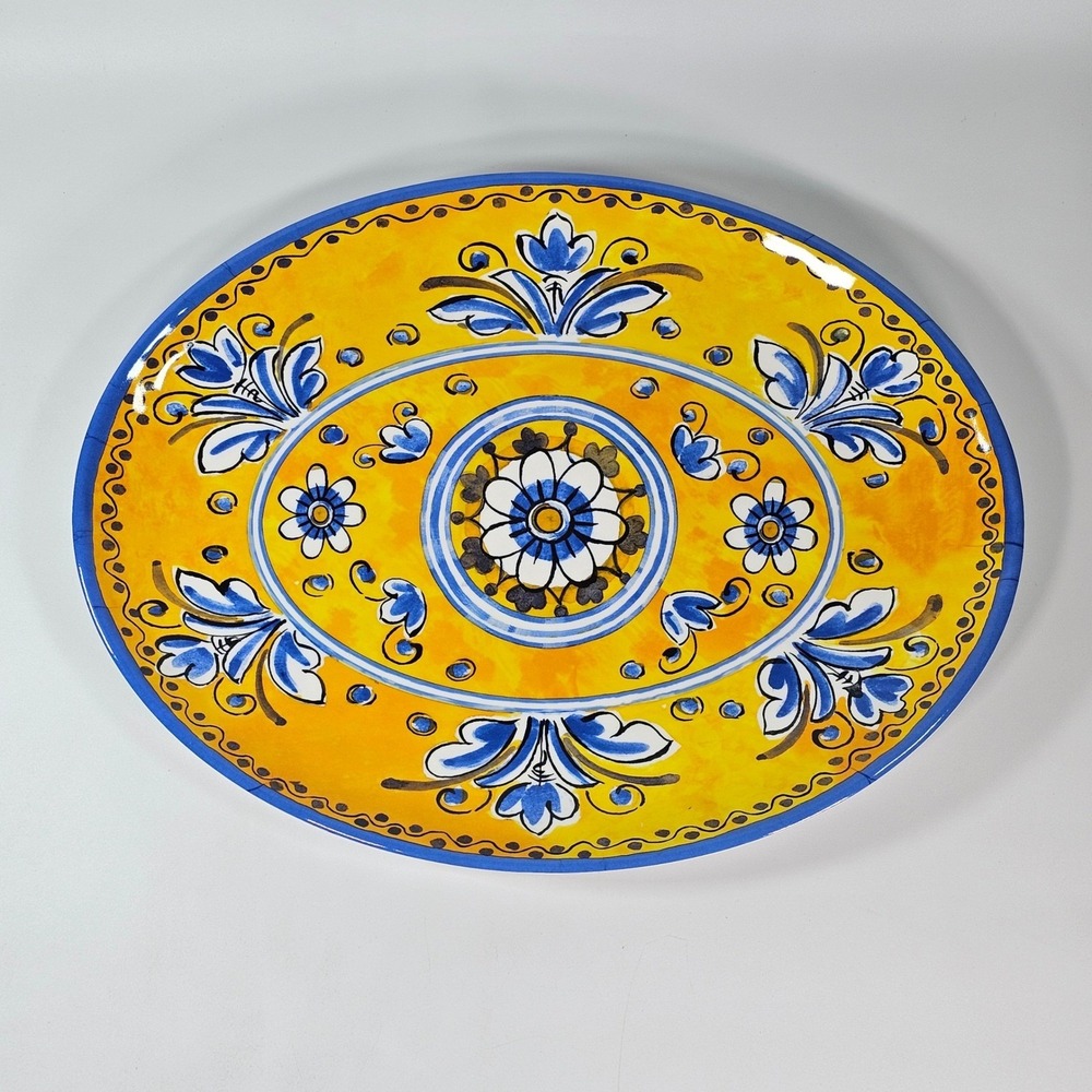 Le Cadeaux Melamine 18 Inch Oval Platter Yellow Blue Majolica Renoir 1008REN